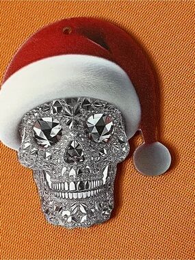 Silver Crystal Skull Ornament with Red Santa Hat Holiday Accent